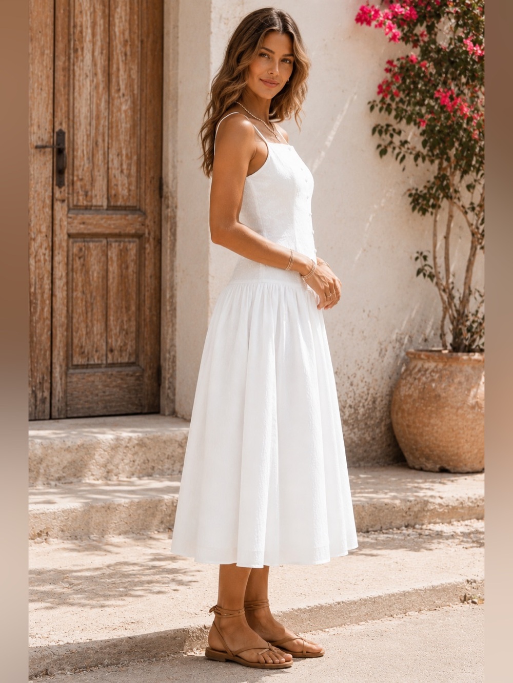 White High Neck Dropped Waist Midi A-Line Dress | Cottagecore Boho - Picture 2 of 8